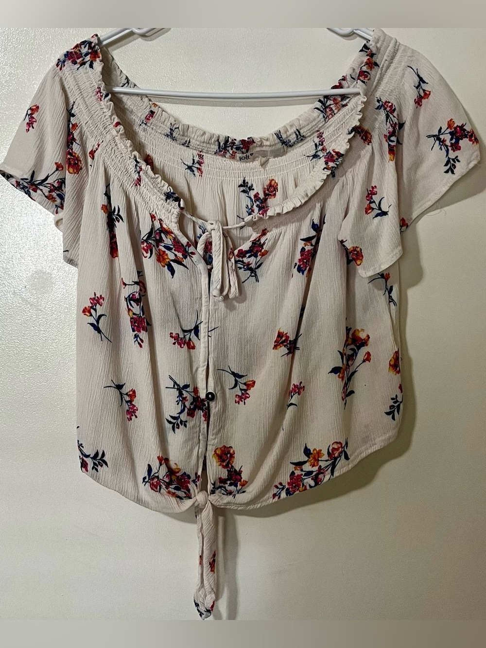 Jolt Cream Floral Off-Shoulder Tie-Front Blouse